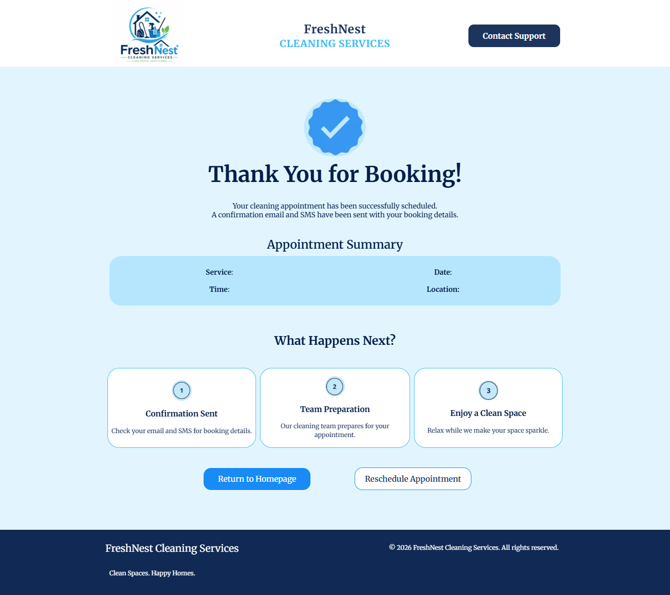 FreshNest Cleaning Services Thank You Page