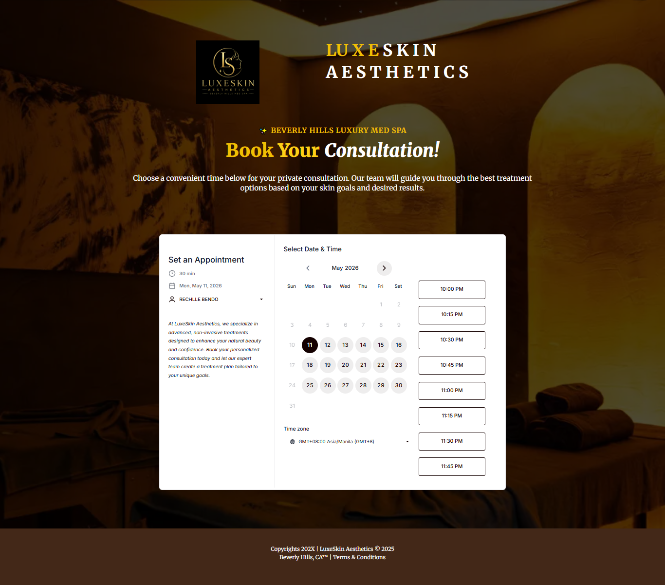 Luxeskin Aesthetics Booking Page