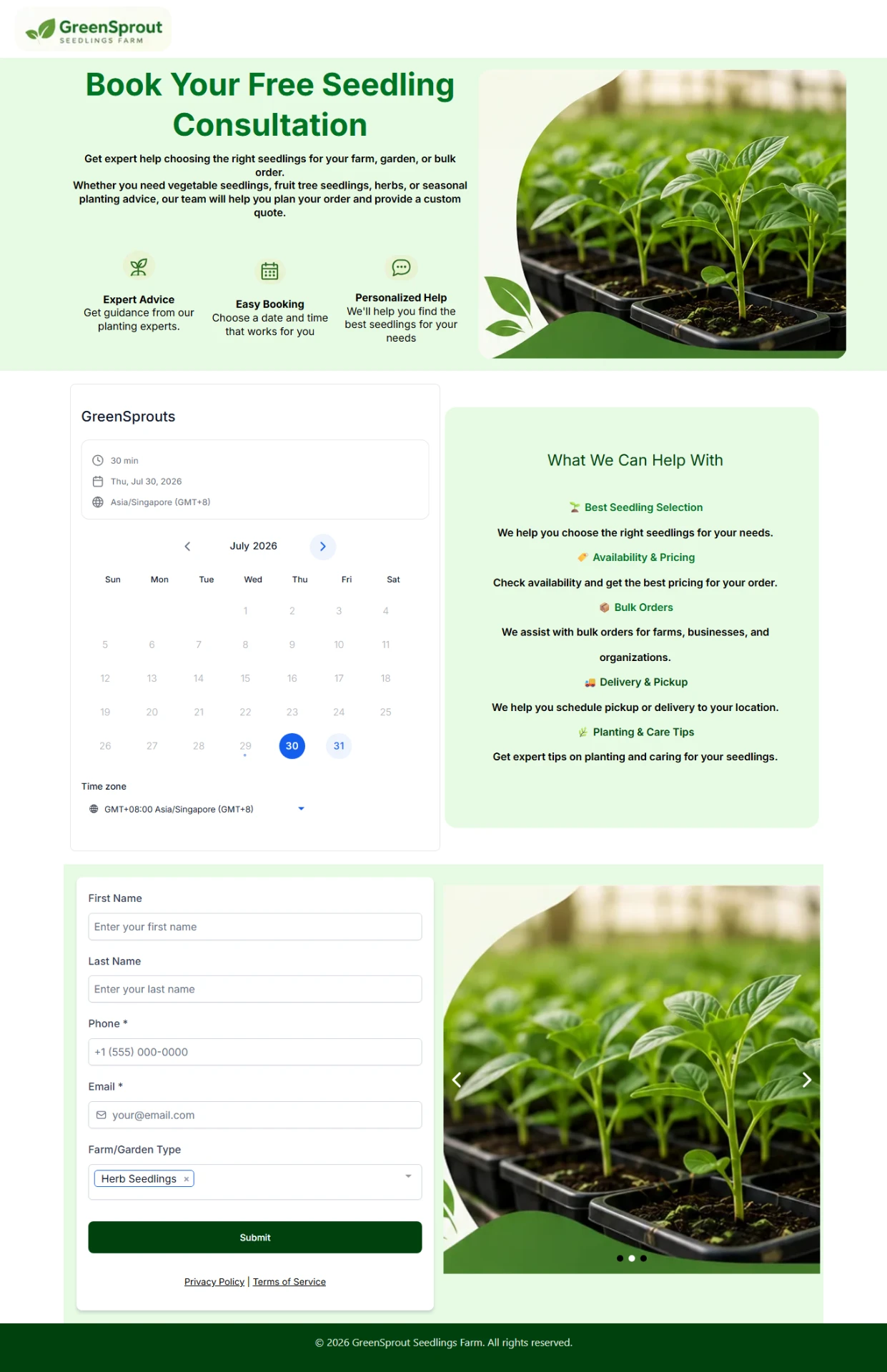 GreenSprout Seedling Farm Gallery — Booking Page